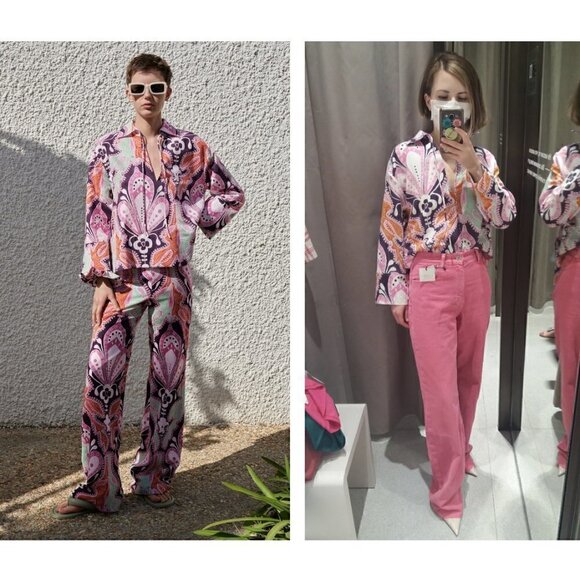 Zara Top and Pant Set XS Printed Linen Spain Groovy 70s 60s Boho Colorful Unique - Picture 10 of 16